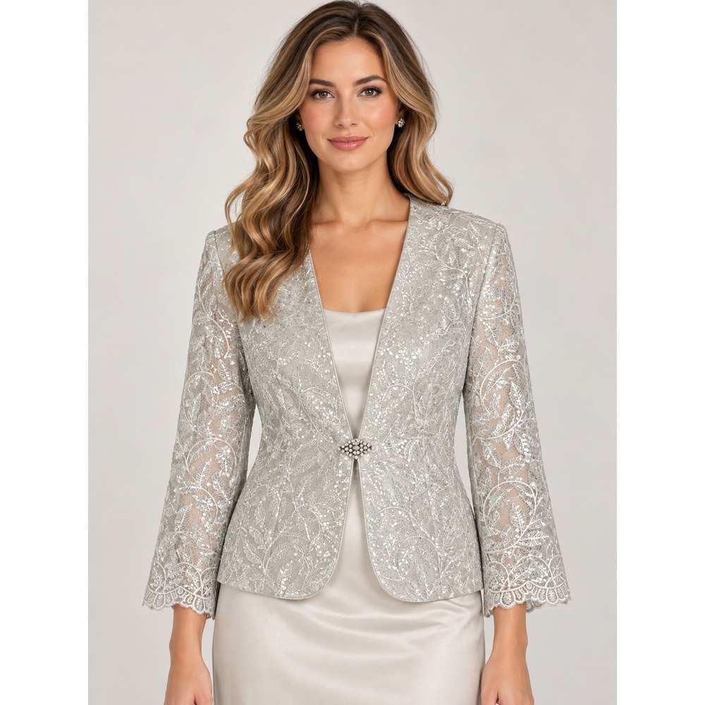 Fairycore Silver Lace Sequin Evening Jacket Wedding Formal Rhinestone M